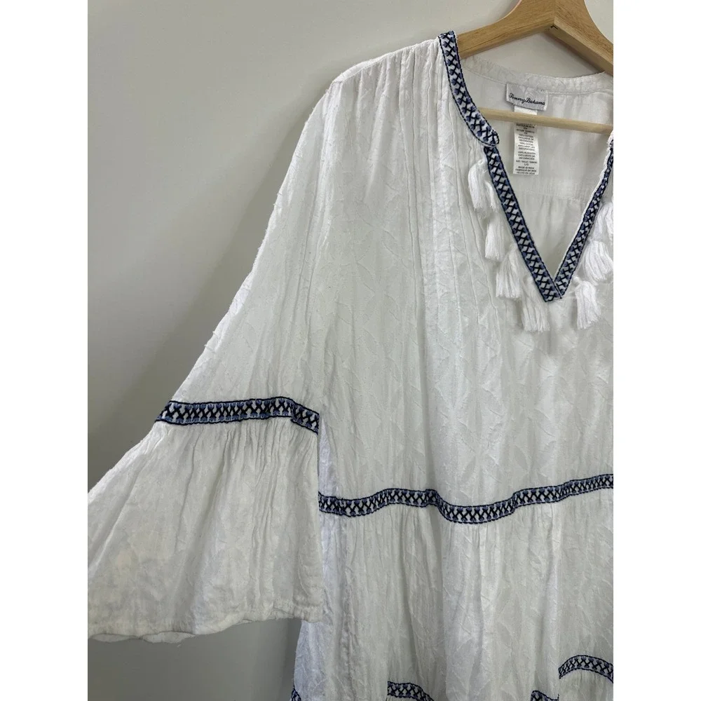Tommy Bahama Cotton Clip Embroidered Tiered Cover Up Dress White & Blue Large - Picture 3 of 11